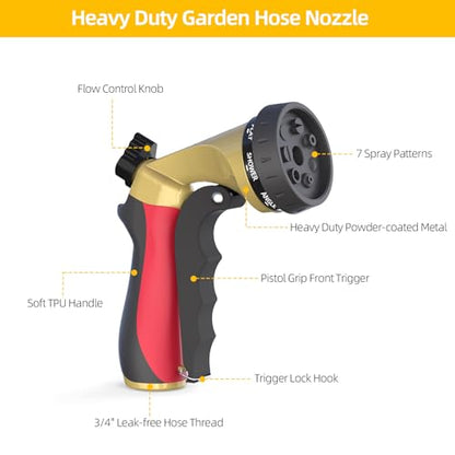 Metal Garden Hose Nozzle with 8 Spray Patterns & Thumb Control - color: Red Black