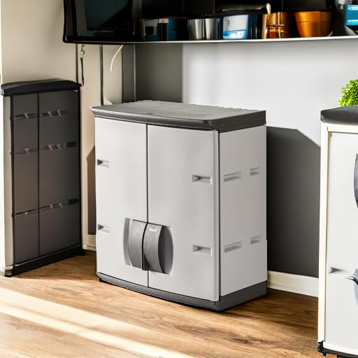 Rubbermaid Wall Mounted Storage Cabinet with Doors 150-Pound Capacity Gray Lockable Three-Shelf Cubbard for Tools/Car Accessories/Cleaning in Home/Garage/Outdoor Areas - size: Small