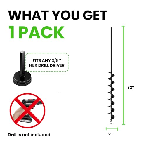 K-Brands Auger Drill Bit for Planting – 2 x 32 Inch – 3/8'' Hex Drive Drill - size: 2 x 32 Inch