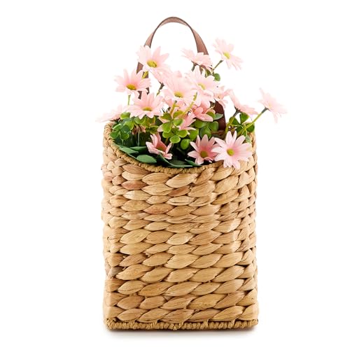 Wall Hanging Pocket Basket Portable Water Hyacinth Storage Basket Decorative Boho Mounted Organizer Dried Flower Plants Front Door Basket for Garden Farmhouse Home - color: Water Hyacinth