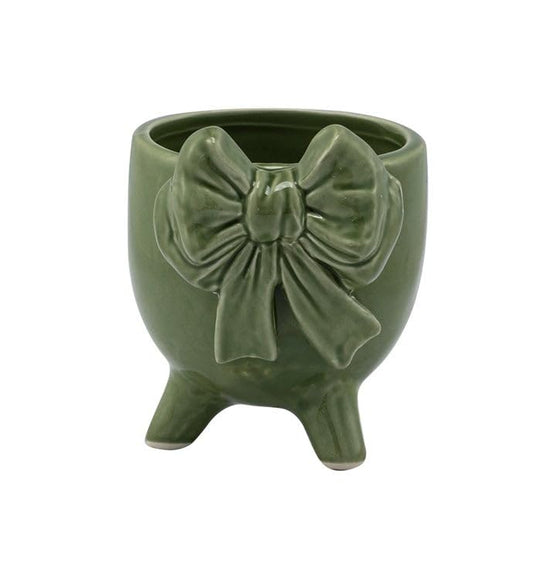 Napco Chic Footed Ceramic Planter – Small 3.25 x 4.75 Inch Glossy Green Flower Pot with Sculpted Bow Accent | Stylish Decorative Planter for House Plants, Succulents & Herbs, Home or Office Décor