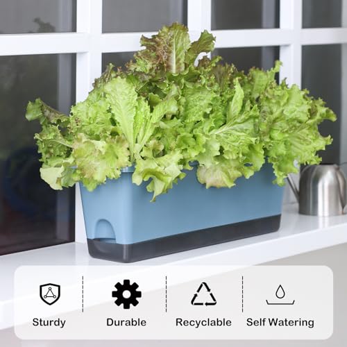 Window Box Planter 4 Packs, 17 Inches Rectangle Flower Pots with Drainage Holes & Trays, Pots for Vegetables, Herbs, Flowers, Garden Windowsill Balcony (Blue, 17 * 5.1 * 6 inch) - color: Blue