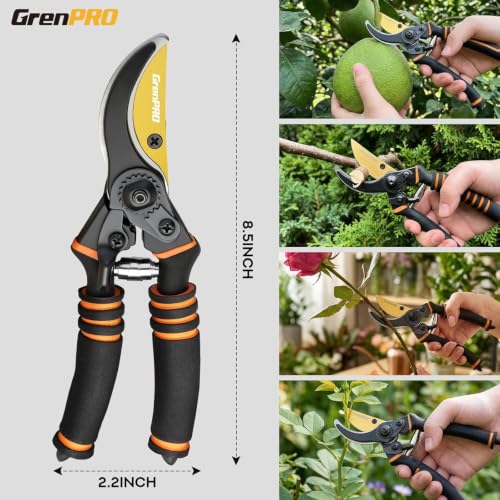 GRENPRO 8.6" Bypass Pruning Shears with SK5 Blades, 1.38" Cut Capacity - color: Black