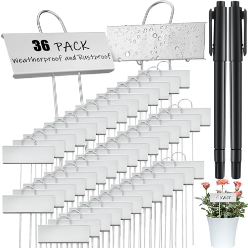 Maitys 38 Pcs Metal Plant Markers Outdoor, Silver Label with Black Ink - color: Silver Label With Black Ink