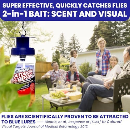 2 Fly Traps Outdoor Fly Trap for Patio with 4 Non-Toxic Dissolvable Bait Refills. Reusable Hanging Bug Catcher Killer for All Filth Flies for Outside Bug Control Yard Ranch. Hanging Chains Included. - style: 2pack