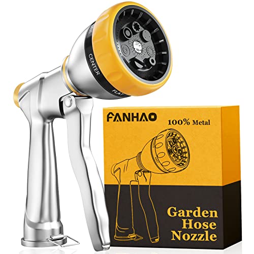 FANHAO Metal Garden Hose Nozzle Heavy Duty, 7 Adjustable Spray Patterns - color: Silver & Yellow, size: Multi-Pattern