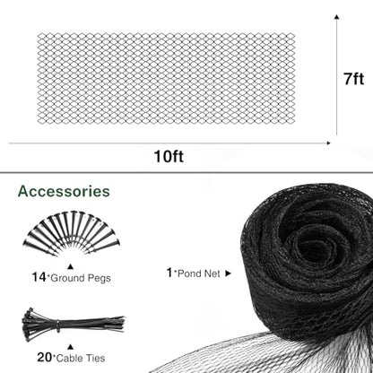 Pond Netting for Koi Ponds, 7 x 10ft Koi Pond Net Cover, Durable & Sturdy Pond Netting Cover for Leaves, Protect Koi Fish Against Herons, Raccoons, Cats & Predators, 12pcs Stakes Included - size: 7 × 10 ft