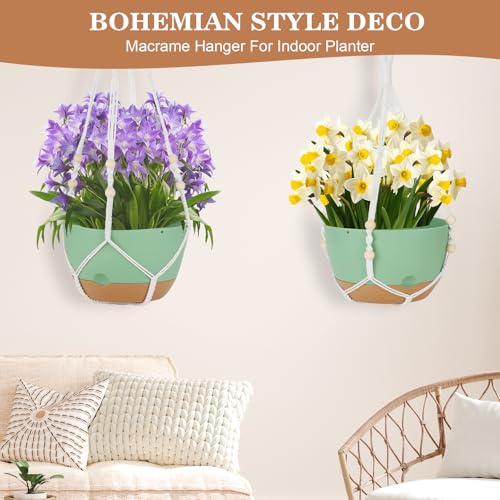 3 Pack Hanging Planter for Indoor Plants, 10inch Self-Watering Hanging Plant Pot, Macrame Plant Hanger with Pot, Chain, S & Ceiling Hooks, Removable Saucer and Drainage Holes for Garden Home - Green - color: Green