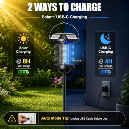 Solar Bug Zapper Outdoor, 4500V USB Rechargeable UV Flying Insect Trap (Circular) - size: Circular
