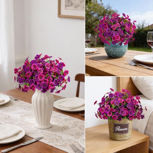 Artificial Flowers for Outdoor Faux Pansies Fake Flowers Plants,12 Bundles - color: Light Purple Fuchsia