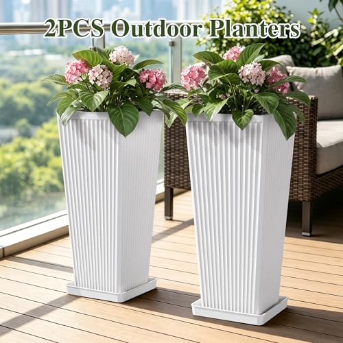 24" Tapered Tall Planters for Outdoor Plants with Tray&Shelf, White - color: White-smooth