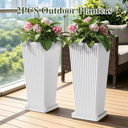 24" Tapered Tall Planters for Outdoor Plants with Tray&Shelf, White - color: White-smooth