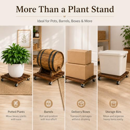 4 Pack Wooden Plant Stand With Wheels, 12" Rolling Planter Base Plant Stand, With Metal Lockable Caster Wheels, For Indoor Outdoor Plant Pots
