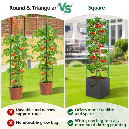3 Pack Tomato Cage for Garden, Upgraded Fiberglass Garden Trellis with 3 PCS Grow Bags, Square Tomato Planter Support Garden Cages for Cucumber Vegetables Vertical Climbing Plants - color: 3 Tomato Cages + Bag