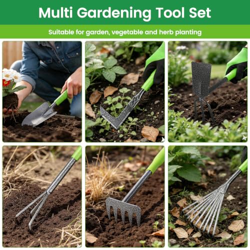 Gardening Tools Garden Tool Set 7 Pack with Ergonomic Non-Slip Handle, Includes Trowel, Hand Weeder, Hand Hoe, Small Rake, Heavy Duty Gardening Kit Garden Tools for Women Gardening Gifts for Birthday