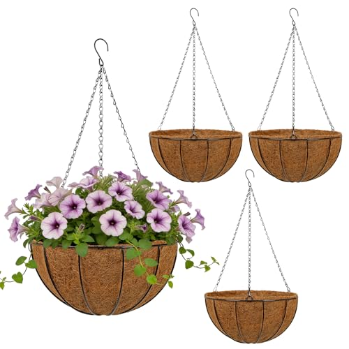 14 Inch Metal Hanging Basket with Coco Coir Liner for Flowers Planting, 4 Pack Hanging Baskets for Plants Outdoor, Round Wire Planters with Chain for Home Patio Porch Balcony Garden Decor - size: 14" & 4 Pcs