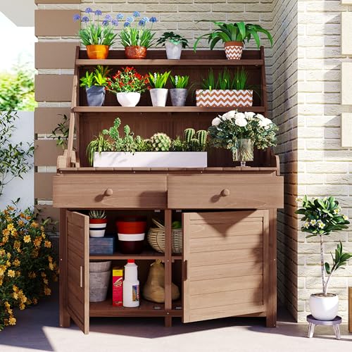 Outdoor Potting Bench Table, Wooden Gardening Table with Storage Cabinet, Drawer, Shelf, Planting Work Bench Station for Garden, Patio, Brown
