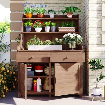 Patio Storage Outdoor Cabinet Potting Bench Table with Drawers - color: Brown - 50.00 X 26.00 X 13.00 Inch