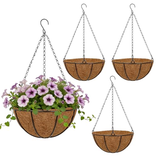 10 Inch Metal Hanging Basket with Coco Coir Liner for Flowers Planting, 4 Pack Hanging Baskets for Plants Outdoor, Round Wire Planters with Chain for Home Patio Porch Balcony Garden Decor - size: 10" & 4 Pcs