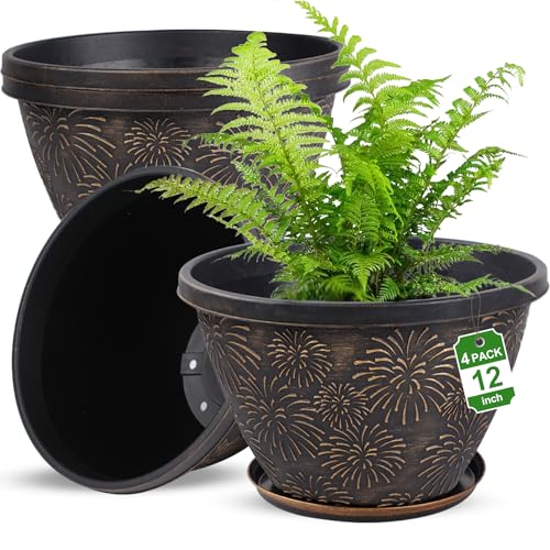 Nooulap 4 Pack 12 Inch Plant Pots with Drainage Holes and Saucers - color: Firework Imitation, size: 12 Inch
