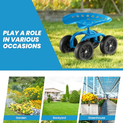 LDAILY Garden Seat with Wheels 11"-16" Adjustable Height for Lawn Planting - color: Blue