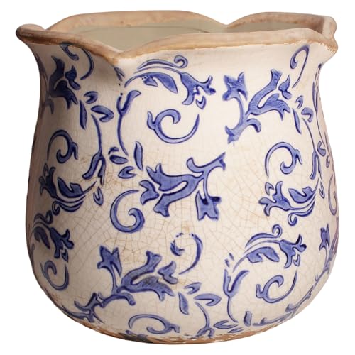 Retro Distressed Ceramic Pots, Antique Crackle Glaze Planters w/ Drainage - color: Blue Swirls