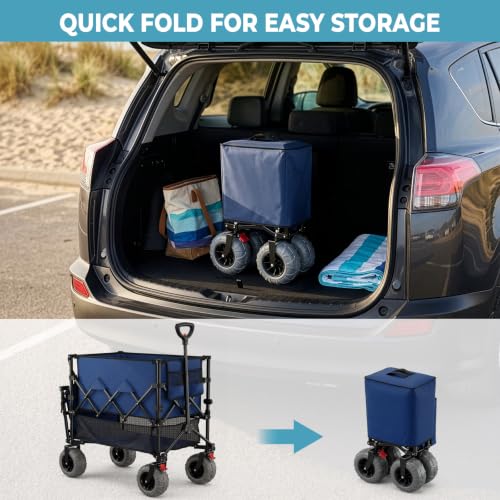 Romswi Heavy Duty Double Decker Wagon 9" Wide Big Wheels, 450LBS Capacity, 48" Extender,400L Large Foldable Wagon Cart, Adjustable Handle, All-Terrain Cart for Beach,Camping,Garden,Navy Blue