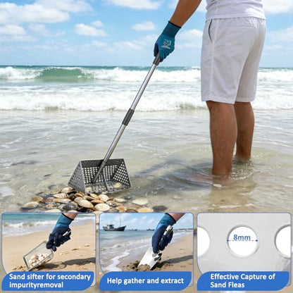 Sand Flea Rake, Shark Tooth Sifter ,65" Long Handle Stainless Sand Sifter