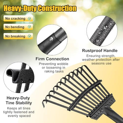 Rake for Leaves: Small Metal Garden Rake, 8.5" Wide, 11 Metal Tines,Heavy Duty Lightweight Kids Leaf Rakes for Small Lawn Yard Shrub,Tight Spot Garden Bed Leaf Debris Picking Cleaning, 60” Long Handle - style: 11 tines-5ft