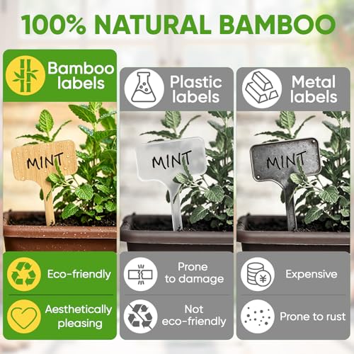Plant Labels, 60-Pack Bamboo Garden Markers with Dual-Tip Marker