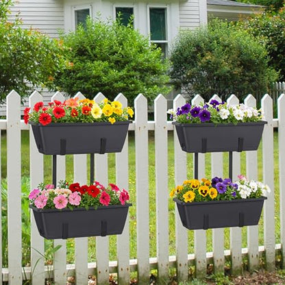 Railing Planter Box 2 Pack Rectangular Window Boxes Planters with Double Adjustable Brackets, Balcony Deck Railing Hanging Planters Herb Flower Pots for Indoor Outdoor Plants Garden Fence Rail - color: Gray