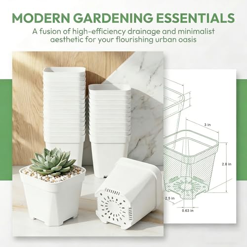 24Pcs 3"Square Plastic Plant Pots,White Nursery Pots with Drainage Hole,Seedling Nursery Transplanting Planter Container for Plants,Succulent,Garden,Flower,Home,Office,Balcony Decor,Indoor,Outdoor