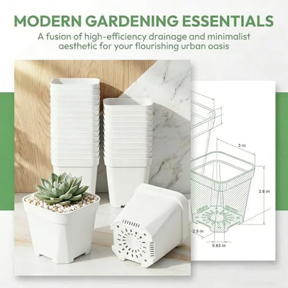 24Pcs 3"Square Plastic Plant Pots,White Nursery Pots with Drainage Hole,Seedling Nursery Transplanting Planter Container for Plants,Succulent,Garden,Flower,Home,Office,Balcony Decor,Indoor,Outdoor