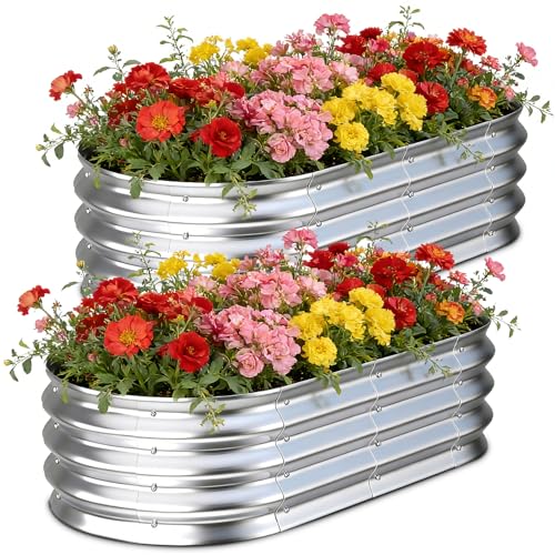 Galvanized Raised Garden Bed Outdoor, 4x2x1ft(2Pack) Metal Heavy Duty Planter Boxes for Gardening, Easy Assemble Bottomless Small Oval Plant Container Kit for Vegetable, Flower, Fruit, Silver - color: 2-silver(2pcs), size: 4X2X1FT