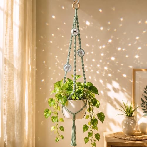 Shappy Macrame Disco Ball Plant Hanger, Boho Hanging Planter Home Decor - color: Sage Green, size: Style F