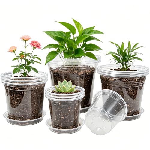 4/5/6/7 Inch 40 Pack Clear Plastic Nursery Pots with Drainage and Saucer - size: 4/5/6/7inch 40pack