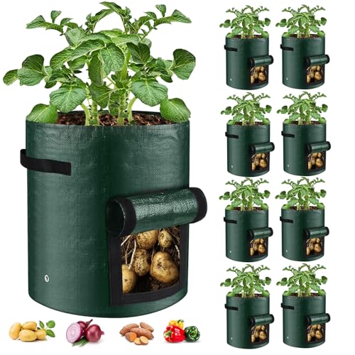 10 Gallon 8-Pack Grow Bags, Durable PE Fabric Pots with Flap and Handles, Green Planter Bags for Potato Vegetables Flowers Herbs Garden Outdoor, 17.7''x13.8'' Large for All Plants Growing - size: Green-8 Pack