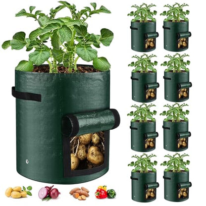 10 Gallon 8-Pack Grow Bags, Durable PE Fabric Pots with Flap and Handles, Green Planter Bags for Potato Vegetables Flowers Herbs Garden Outdoor, 17.7''x13.8'' Large for All Plants Growing - size: Green-8 Pack