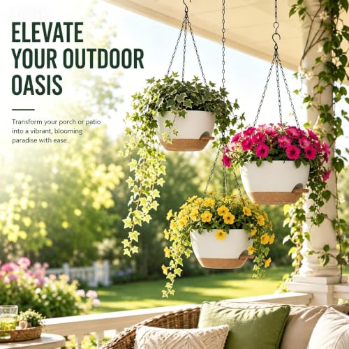 2 Pack 12 Inch Self‑Watering Hanging Planters Plant Pots, White‑Brown - color: White Brown