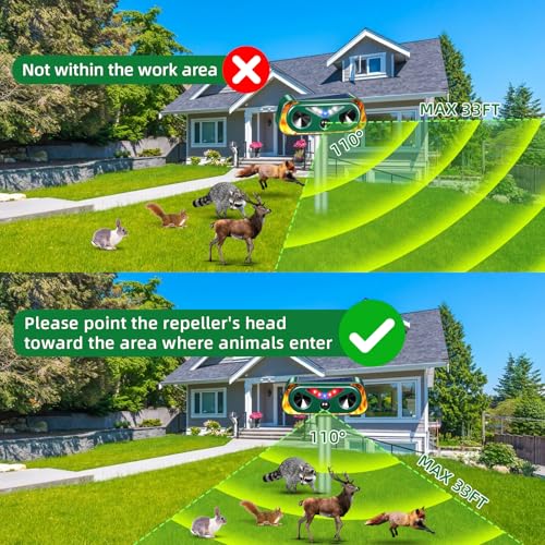 Upgraded Solar Animal Repellent Ultrasonic Outdoor Cat Deterrent Deer Repellent Devices,Waterproof Dog Repeller with Motion Sensor,Flashing Lights,Scare Squirrels Rabbits Raccoons Skunks Garden,2 Pack