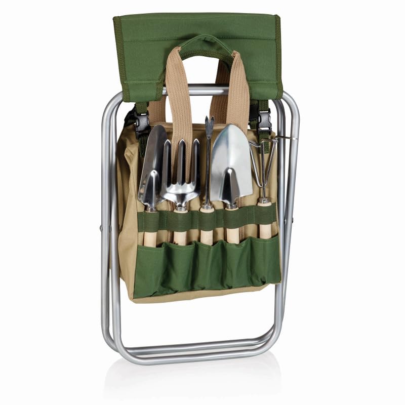 PICNIC TIME Disney Mickey Mouse Gardener Folding Seat with Tools, Folding Garden Stool with Detachable Tote and Hand Tool Set Organizer, Portable Gardening Chair, (Olive Green with Beige Accents) - color: Disney Mickey Mouse - Olive Green With Beige Accen