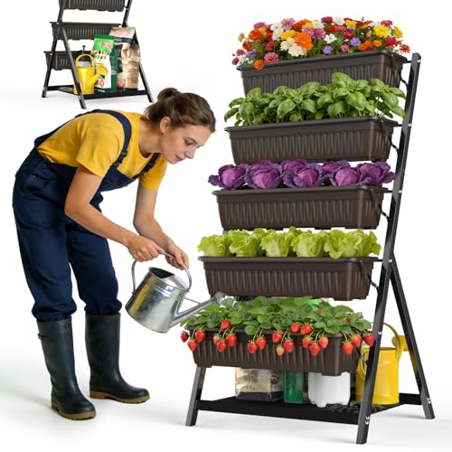 5-Tier Vertical Garden Bed Planter Boxes with Drainage System & Storage Space, Freestanding Vertical Garden Planter with 5 S-Hooks for Plants Vegetables Flowers Herbs in Garden Patio Yard - style: without wheels