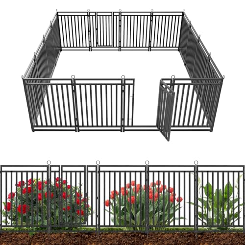 Decorative Garden Fence Metal Dog Fence Outdoor for Yard, 36ft (L) × 40in (H), 14 Panels + 2 Gates, Rustproof Animal Barrier Fencing for Patio & Flower Bed, No Dig, Black-Silver - size: 40in(H)x36ft(L)