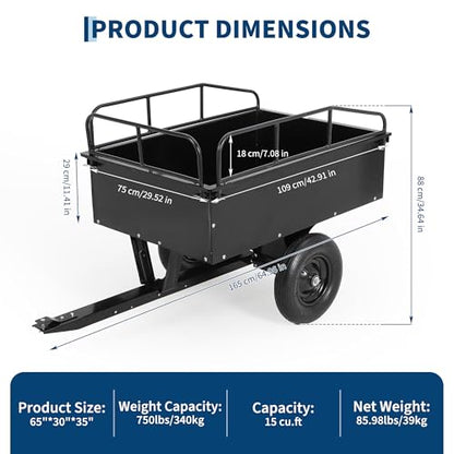 Heavy Duty ATV Trailer Tow Behind Steel Dump Cart 750LBS Capacity, 15 Cu. Ft Garden Utility Trailer with Removable Sides & Rear Hitch, Reinforced Steel Frame, for Riding Lawn Mower Tractor