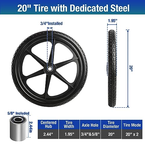2 PCS 20" PU Flat Free Tire with 3/4'' and 5/8'' Bearings, Non-inflated Tires and Wheels, 20x2 Inch Wheel for Wheelbarrow, Carts, Garden Trailers