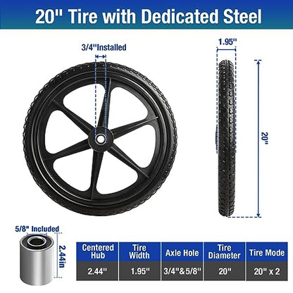 2 PCS 20" PU Flat Free Tire with 3/4'' and 5/8'' Bearings, Non-inflated Tires and Wheels, 20x2 Inch Wheel for Wheelbarrow, Carts, Garden Trailers