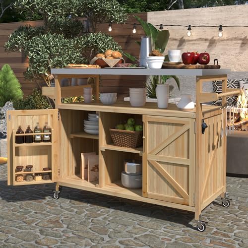 Outdoor Deck Box and Grill Prep Station with 201 Stainless Steel Top, Solid Fir Wood Patio Storage Cabinet for BBQ Tools and Cushions, Rolling Kitchen Island with Spice Rack, 50-Inch, Natural - color: Natural - 50.25 X 18.50 X 36.25 Inch