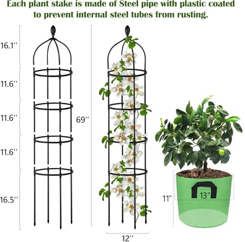 Garden Obelisk Trellis for Climbing Plants Outdoor 6 Ft Rose Bush Round Trellis with Grow Bag for Pots Rustproof Metal Pipe with Plastic Coated Plant Flower Trellises for Clematis Vine Jasmine Support - color: Black, size: 6 Ft(1 Pcs) with Grow Bag