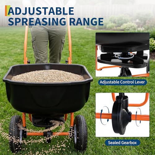 TrailBlaze Heavy-Duty Walk-Behind Fertilizer & Seed Spreader – 70LB Capacity, Adjustable Stream Control, 8" Pneumatic All-Terrain Tires, 0–10FT Spread, Large Harvester, Lawn & Garden, Black