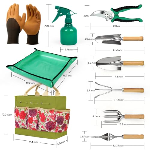 Garden Tool Set, 10 PCS Gardening Tools/Kit for Women,Gardener Gift - color: Green